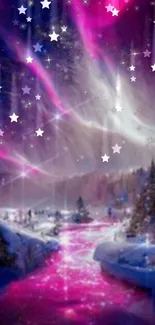 Magical pink and blue night sky with stars and auroras over a river.