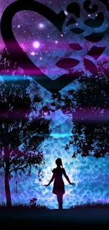 Silhouette of a girl under a starry night sky with purple and blue hues.