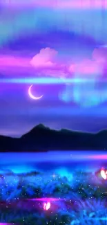 Crescent moon and aurora over a mystical landscape with colorful lights.