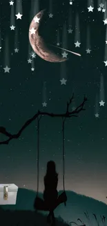 Silhouette on a swing under a night sky with stars and crescent moon.