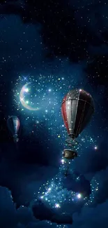 Magical night sky with balloons and stars.