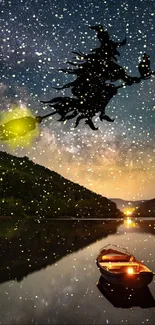 Witch silhouette flying over a starry lake at night.