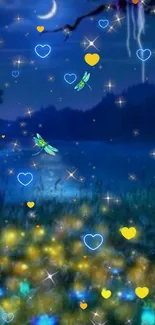 Serene night sky wallpaper with glowing hearts and dragonflies in a magical scene.