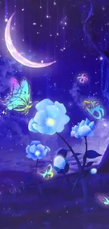 Magical night scene with moon, butterflies, and glowing flowers.