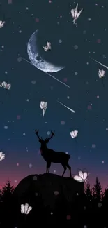 Silhouette of deer under crescent moon with stars in dark night sky.