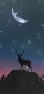 Starry night with deer under crescent moon glow.