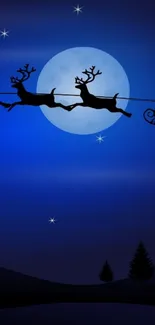 Christmas wallpaper with Santa's sleigh and full moon on a starry night.