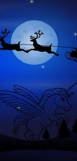 Magical unicorn and sleigh in a moonlit night sky wallpaper.