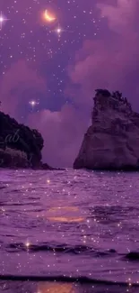 Purple night sky with stars and crescent moon reflecting on the sea.