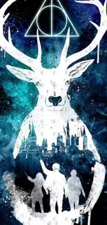 Mystical stag surrounded by night sky and urban skyline in vibrant blue tones.