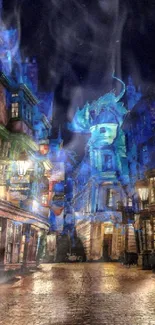 Magical night street view with blue lights and enchanting buildings.