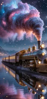 Magical train journey through starry landscape with galactic clouds.