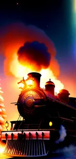 Majestic steam train under a starry, snowy sky glowing with fiery orange hues.