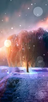 Mystical tree with glowing lights under a dreamy, starry sky.