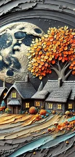 Fantasy village with moonlit night and autumn tree.