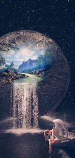 Mystical night wallpaper with a waterfall and celestial elements.