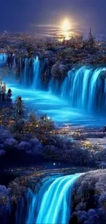 Magical waterfall glowing under moonlight in a fantasy landscape.