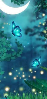 Blue butterflies and a crescent moon over a magical night landscape.