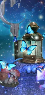 Fantasy scene with blue butterflies, lantern, and mushrooms under a starry sky.