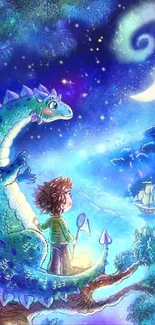 A young adventurer with a dragon overlooking a castle under a starry night sky.