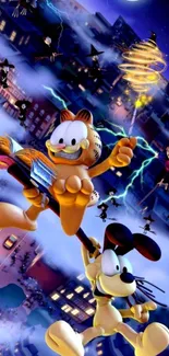 Garfield and Odie flying over a magical city at night.