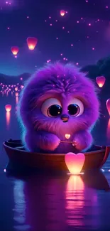 Cute fluffy creature in a boat with floating lanterns in a magical night scene.