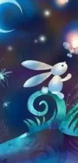 Whimsical bunny under crescent moon on a magical night.