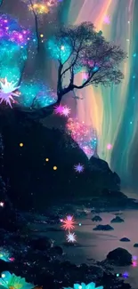 Magical fantasy nightscape with glowing trees and colorful auroras.