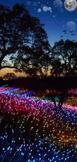 Magical landscape with glowing fields, trees, and a starry night sky.