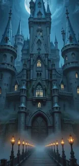 A moonlit mystical castle at night with glowing lanterns lining the path.