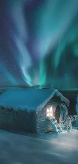 Snowy cabin under the Northern Lights with a starry sky backdrop.