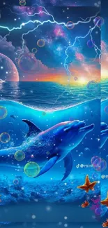 Fantasy ocean wallpaper featuring dolphins and a cosmic sky.