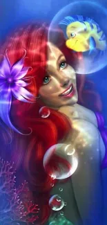 Vibrant fantasy art of a mermaid with colorful fish and oceanic elements.