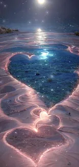 Magical ocean scene with glowing heart shapes at night.