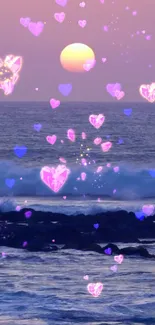 Sunset ocean with pink and blue heart overlays creating a magical view.