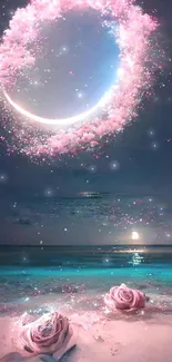 Magical ocean nightscape with pink crescent and starry sky.