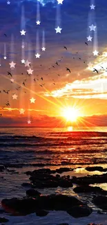 Ocean sunset with stars and birds over the water.