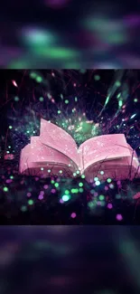 Magical open book with glowing pages and sparkles on grass.