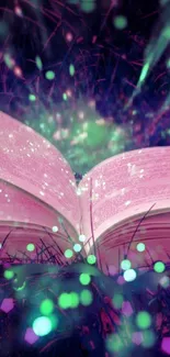 Enchanting open book with glowing magical lights in fantasy setting.