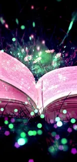 Magical open book glowing with colorful lights.