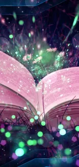 Magical book with glowing lights in a vibrant fantasy scene.