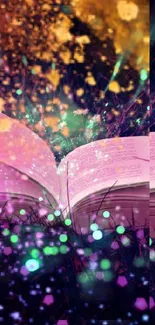 Magical open book with glowing lights wallpaper.