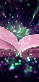 Open book with mystical glowing lights and a fantasy ambiance.