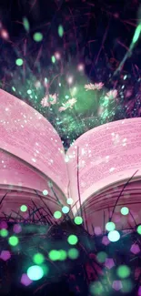 Mystical open book with glowing sparkles and vibrant colors, creating a magical scene.