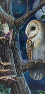 Enchanting fantasy wallpaper with an owl and fairy at night.