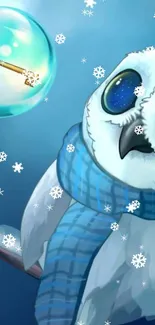 Fantasy owl wearing blue scarf with snowflakes and bubble.