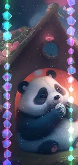 Cute panda in fantasy setting with glowing crystals.