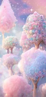 A magical landscape with pastel cotton candy trees against a dreamy sky.