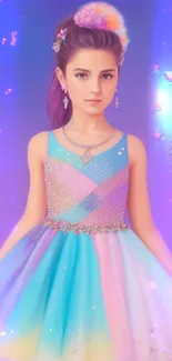 Pastel princess in a colorful dress on a purple background.