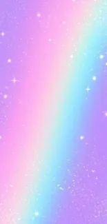 Magical pastel rainbow with stars and glitter on a lavender background.